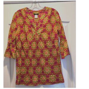 J Crew Cotton Tunic Trumpet Sleeve Peasant Top Pink Green Orange Floral Size XS